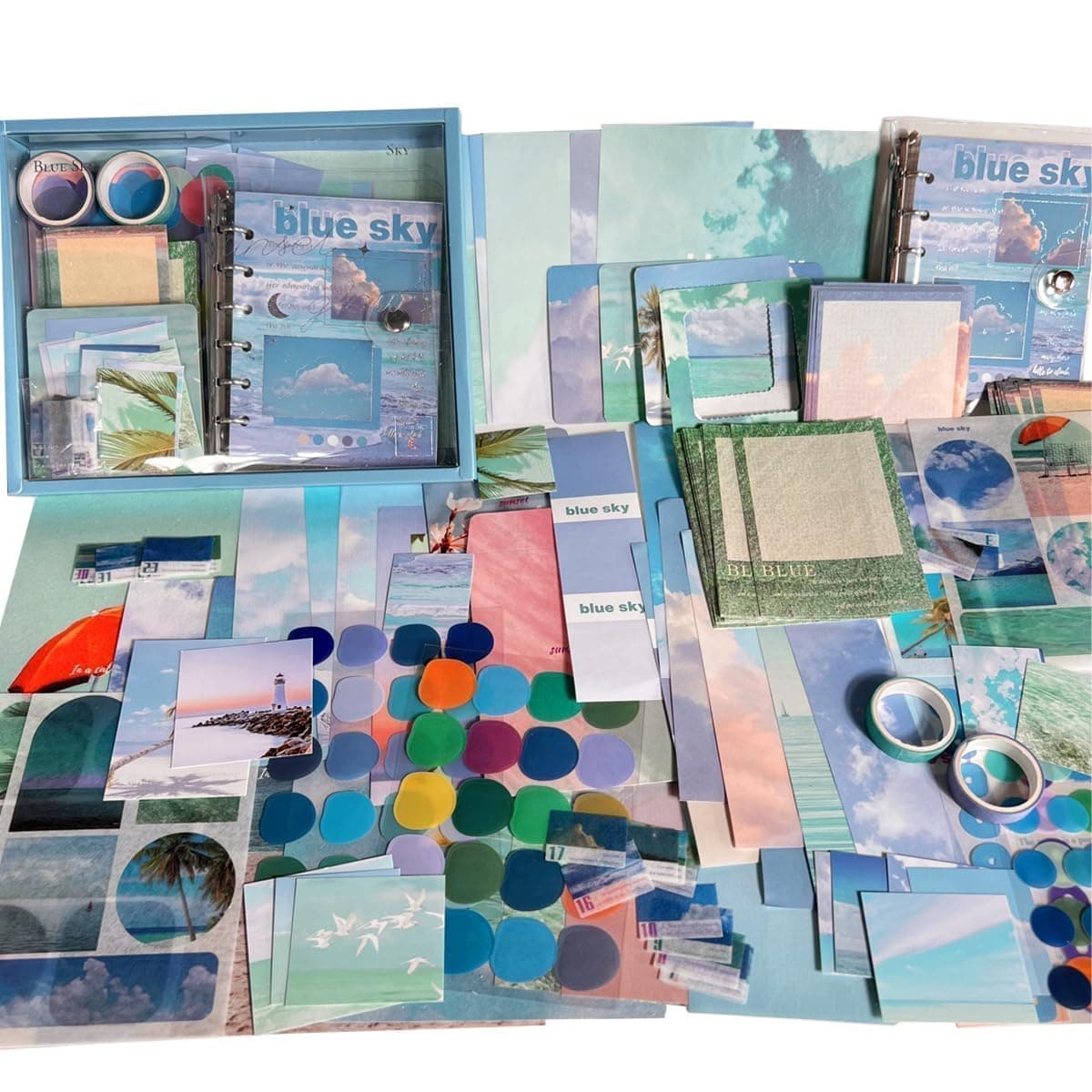 KIYARA MART Vintage Aesthetic Scrapbook Kit346Pcs Scrapbooking Supplies Kit with Bullet Junk JournalStationeryA6 Grid Notebook Journaling Gift for Girl Blue Sky Scrapbook