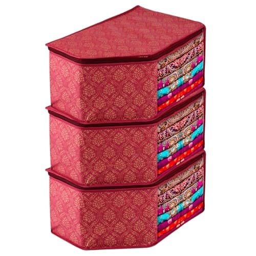 Kuber Industries Non-Woven Blouse Cover | Clothes Storage Bag | Zipper Closure Wardrobe Organizers | Clothes Organizer with Transparent Window | Golden-Printed Clothes Bag | Pack of 3 | Maroon