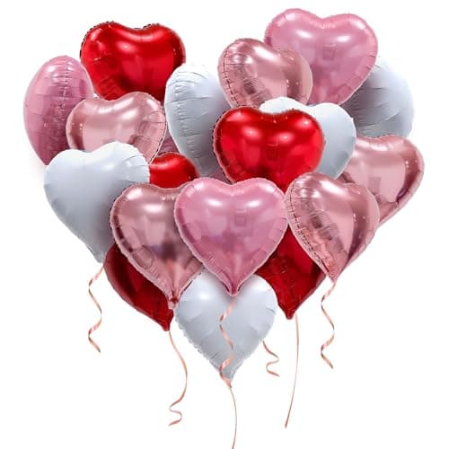 Pink Red White and Rose Gold Heart Balloons 20 Pcs 18 Inch Valentines Day Heart Shaped Foil Balloons for Valentines Day Decor Galentines Day Decorations Engagement Wedding Birthday Party Supplies