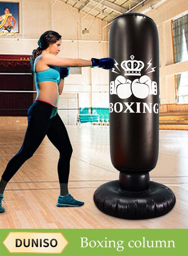 1.6m Inflatable Fitness Boxing Pole, Boxing Bag, Striking Pole, Children's Fighting Practice Boxing Training Bag, Vertical Taekwondo Pole, Tumbler Bag, Suitable For Adult Children's Home Gym, Thickened Fighting Pole, Stress Relief Fitness Black