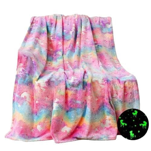 KTrading Blankets for Children Glow in The Dark Blanket Cartoon Print Blankets for Kids Light Weight Soft Cozy ToddlersTravel Lightweight Blanket Multicolor Pack of 1 Rainbow Unicorn