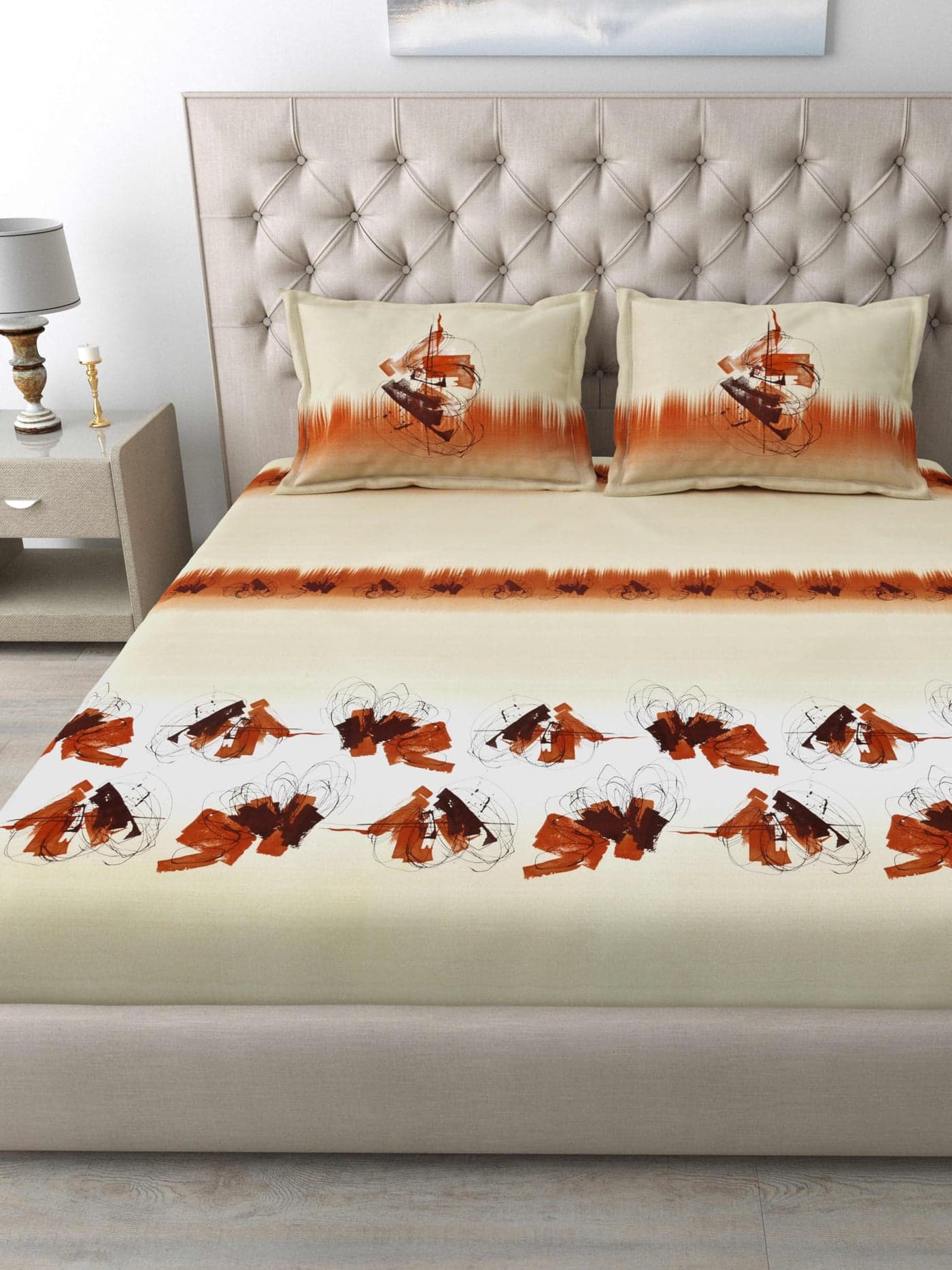 Mafatlal 186 TC Autumn Delight King Size Pure Cotton Bedsheet | 108 x 108 Inches | Cooling Breathable Summer Fabric | Soft Comfortable Bedding with 2 Pillow Covers | Cannoli Cream