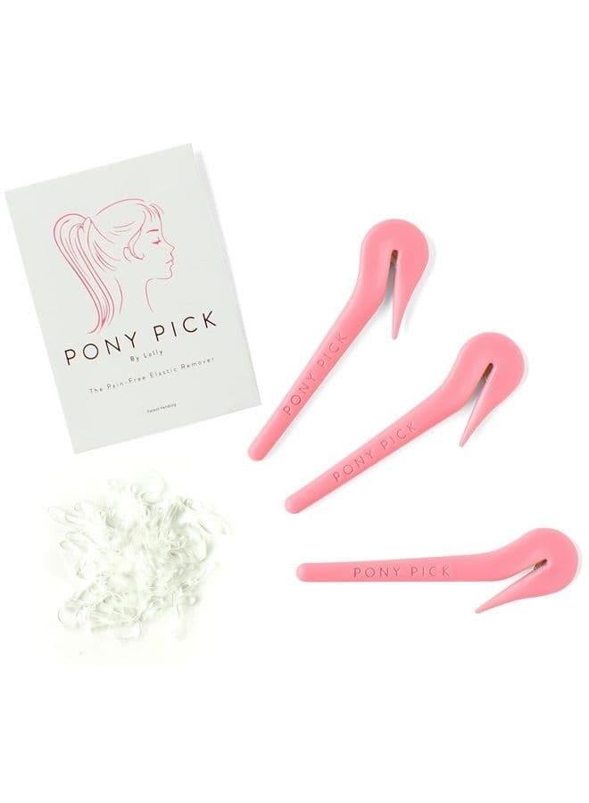 THE PONY PICK By Lolly - Elastic Rubber Bands Cutter for Hair - Elastic Hair Band Remover - Pain Free - Easy Removal - 3 Pack of Pink Pony Picks & 50 Clear Hair Elastics, Easy Grip Tools & Accessories