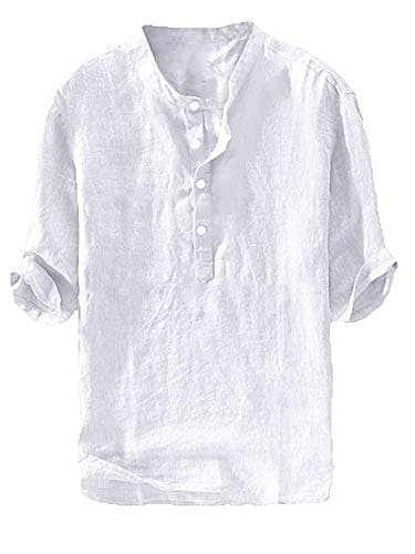 Ryannology Mens Linen Shirts Henley 3/4 Sleeve Casual Cotton T-Shirt Regular-Fit Lightweight Beach Yoga Tunic Tops