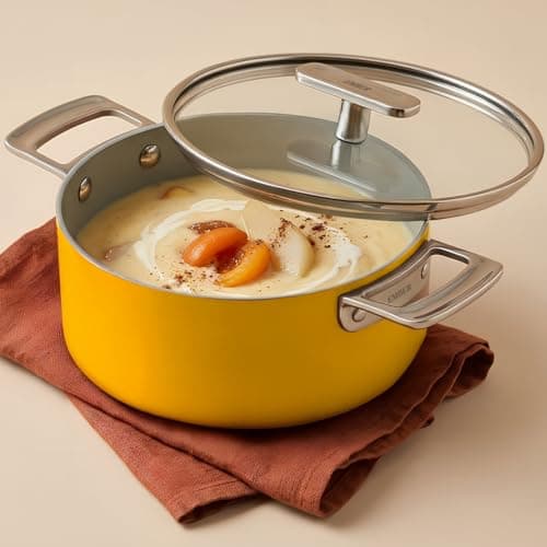 Ember Cookware Arcilla Ceramic Dutch Oven 20cm | Non Stick Induction Cookware | 2.6 Litre Non Toxic Pot with Glass Lid | ISI Certified | Ceramic Biryani Pot |Steel Handle| 5-Year Warranty|Benares Gold