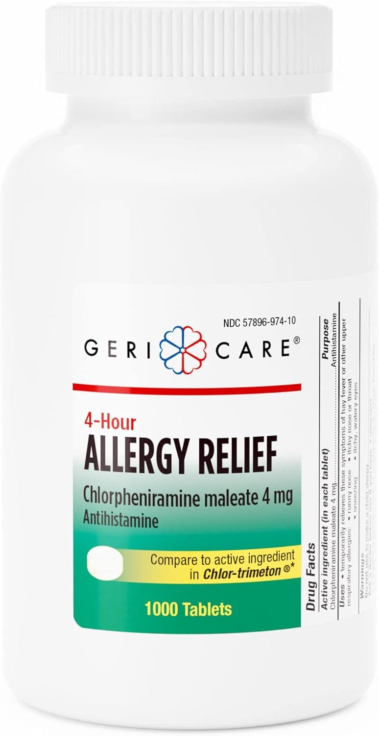 GeriCare Allergy Relief Chlorpheniramine Maleate 4 mg Tablets, 1000 Count (Pack of 1)