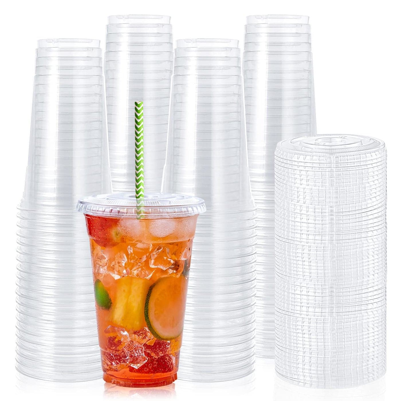Lilymicky 90 Sets 20 oz Clear Plastic Cups With Flat Lids Disposable Drinking Cups 20 oz Plastic Cups for Ice Coffee Smoothie Slurpee or Any Cold Drinks