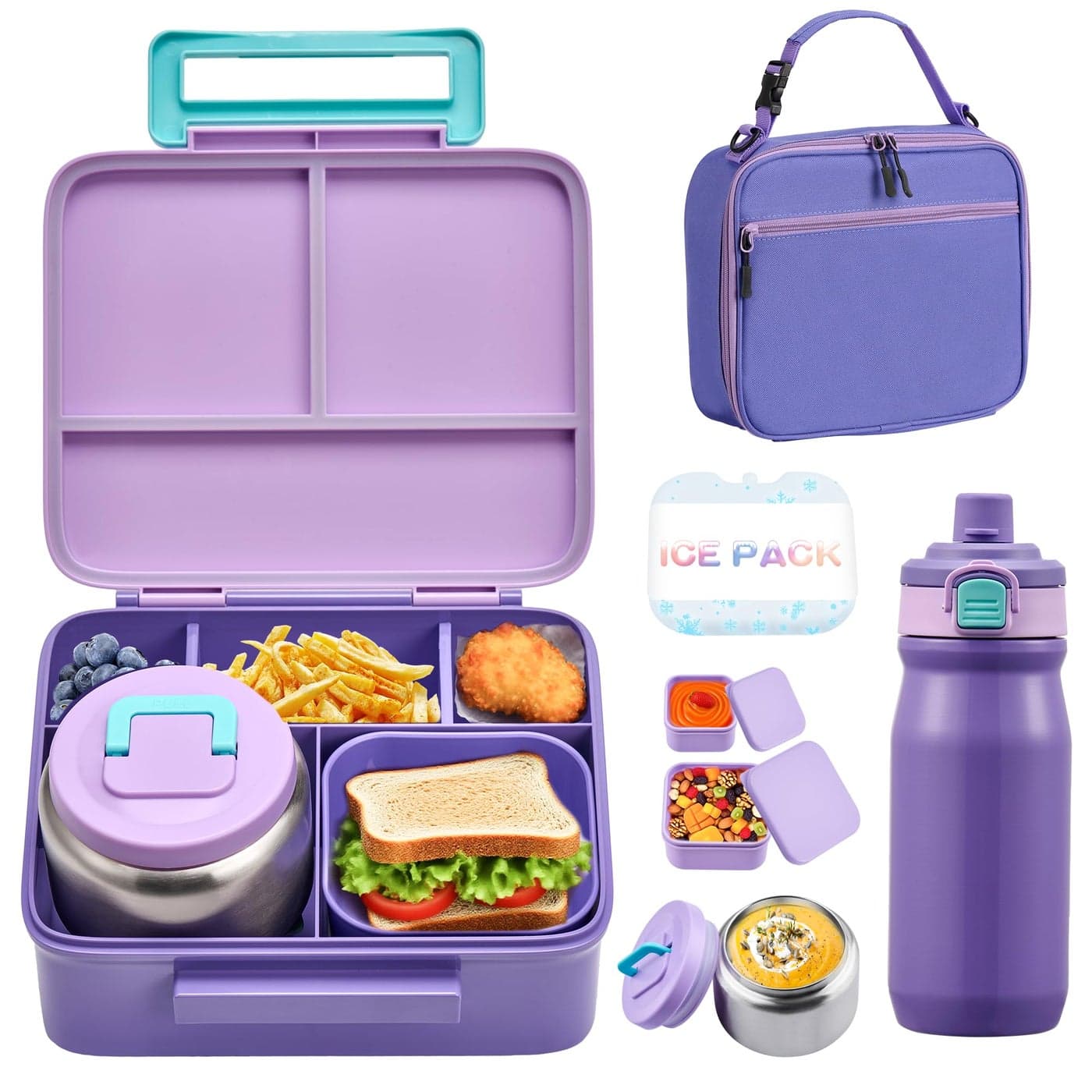 MAISON HUIS Bento Box for Kids with 8oz Soup Thermo Leakproof Lunch Food Containers with 5 Compartment Insulated Lunch Bag 17oz Stainless Steel Water Bottle for School Trvael