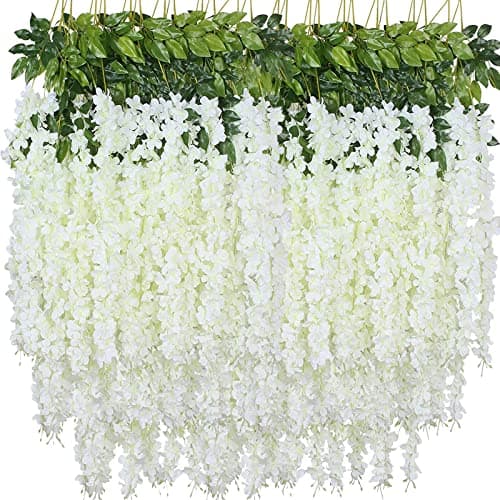 WONICE Artificial Wisteria Hanging Flowers Fake Wisteria Flower Garland Silk Vines Rattan Decor for Home Wedding Arch Wall Garden Greenery Bedroom Outdoor Office Party Decoration (36, White)