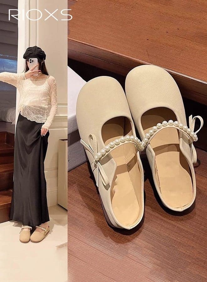 Mules for Women, Dressy Mary Jane Shoes Mules with Pearl Hook Loop and Bownot, Summer Soft Closed Round Toe Slip On Flats, Casual Backless Sandals Travel Home Commuting, Beige
