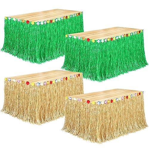 Fovths 4 Pack Luau Grass Table Skirt Natural 9 Feet x 29.5 Inch Hawaiian Table Skirt for Tropical Hawaiian Party Decorations Luau Party Costume Party, Green and Straw Yellow