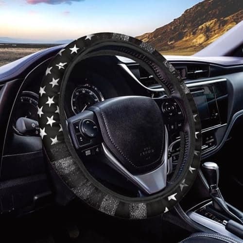 Whosucclay Black American Flag Print Universal 15 inch Car Steering Wheel CoverAntiSlip Steering Wheel Cover