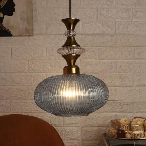 ELIANTE Povque Vintage Hanging Pendant Light | Gold Finish Iron with Grey Glass Shade | E27 Holder | Decorative Ceiling Light for Living Room, Dining & Bar | Free Bulb Included | 3 Years Warranty