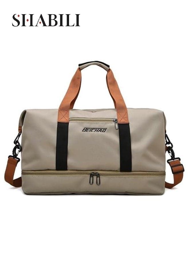 Women Nylon Sports Bag, Tourist Shoulder Crossbody Handbag Trolley Bag, Ladies Large-Capacity Multi-pocket Durable Waterproof Dry-Wet Separation Pocket, for Youth Casual Travel Daily Use (Beige)