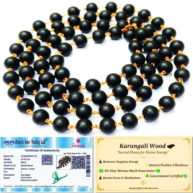 Divinely 100% Natural Karungali Malai Original 8mm | Certified Copper Thread Karungali Mala 54+1 Beads | Black Ebony Wood Necklace for Japa, Meditation & Spiritual Balance | Free Yoga eBook & 30-Day Warranty