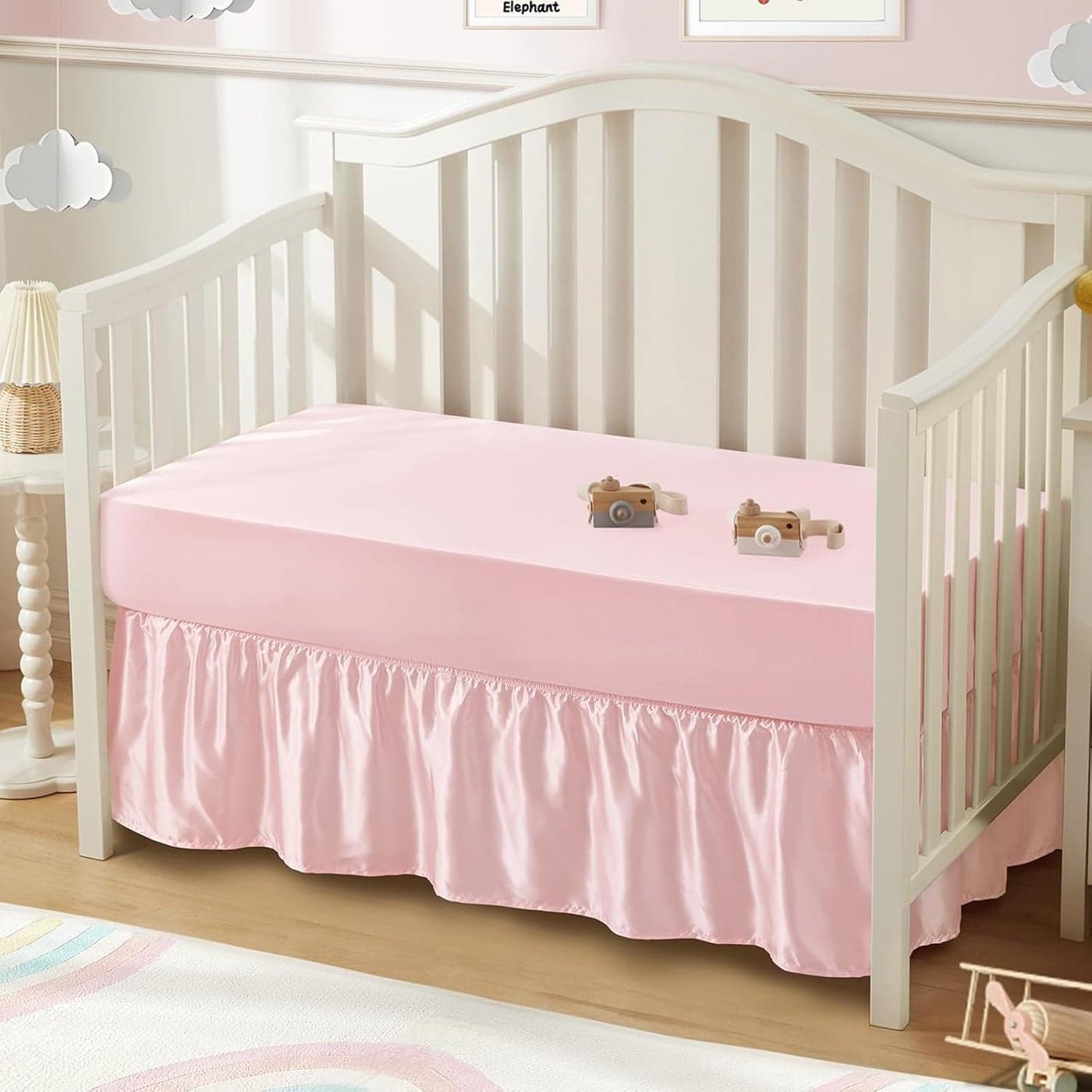 SiinvdaBZX 2Piece Set Satin Crib Sheets Crib Bed Skirt 52 x 28 Silky Soft Ruffled Baby Crib Skirt with Adjustable Elastic 14 Drop Fit for Standard Crib Toddler Bedding Pink