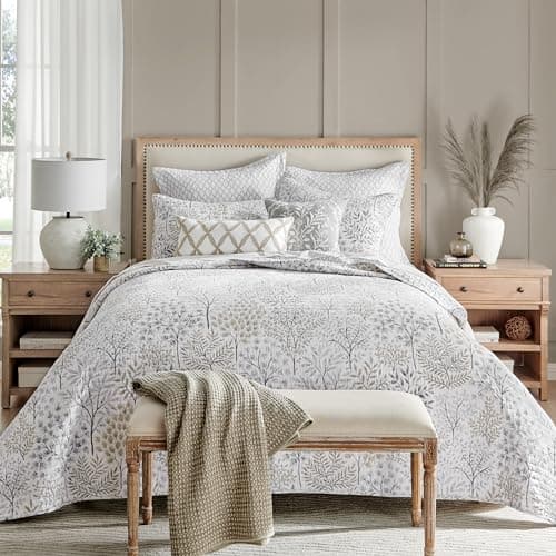 Levtex Home English Forest Natural Reversible King/Cal King Quilt Set (106x92in) and 2 Pillow Shams (36x20in) - Floral - Taupe Grey - Cotton King Size Quilt Bedding Set - Lightweight Soft Pre-Washed