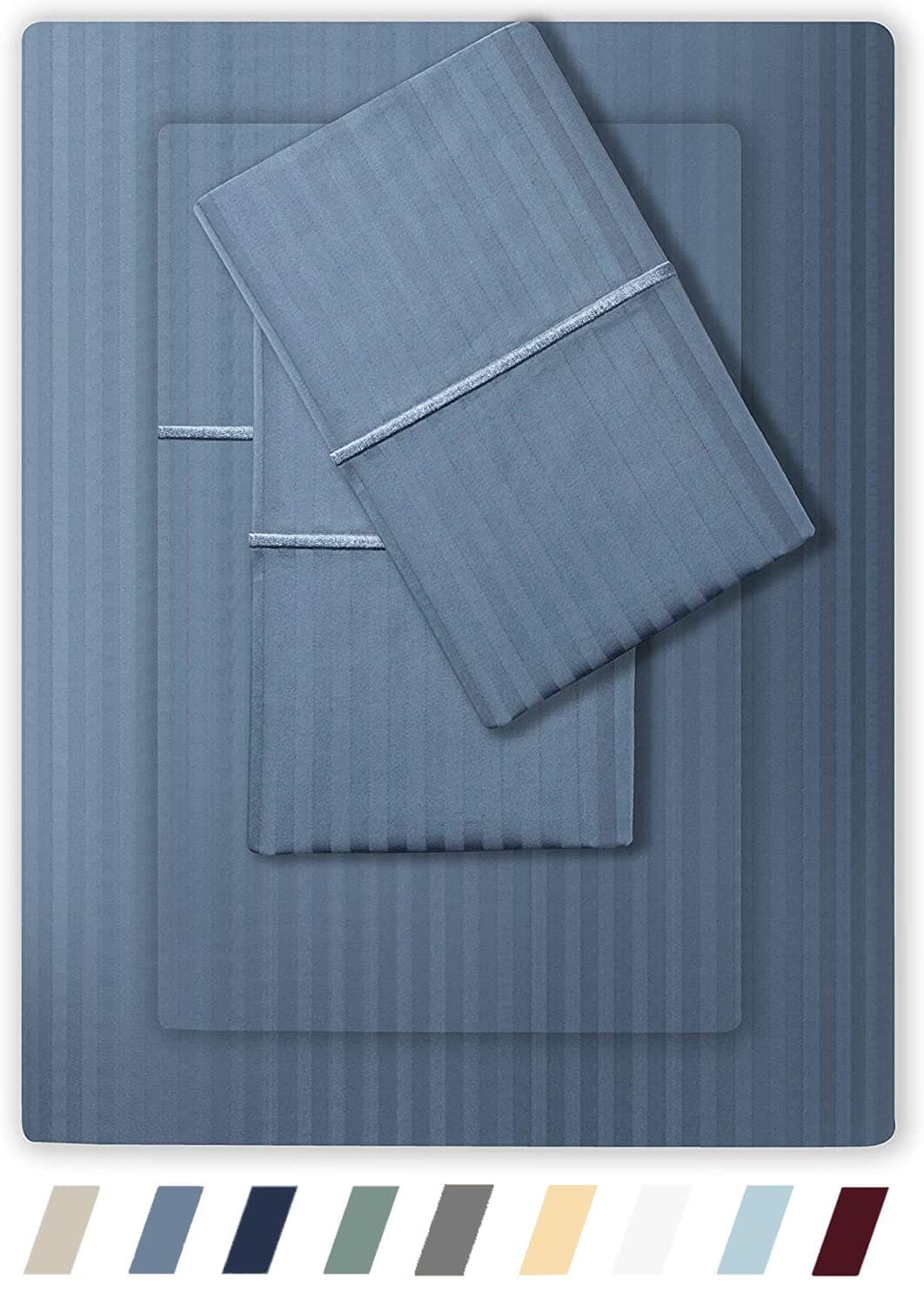 Feather Stitch 500 TC Full Size Damask Bed Sheet Set 100 Cotton Soft Breathable Bedsheets 4 Piece 18 Deep Pockets Sateen Weave Striped Bedding Mattress Resort Hotel Luxury Blue Full
