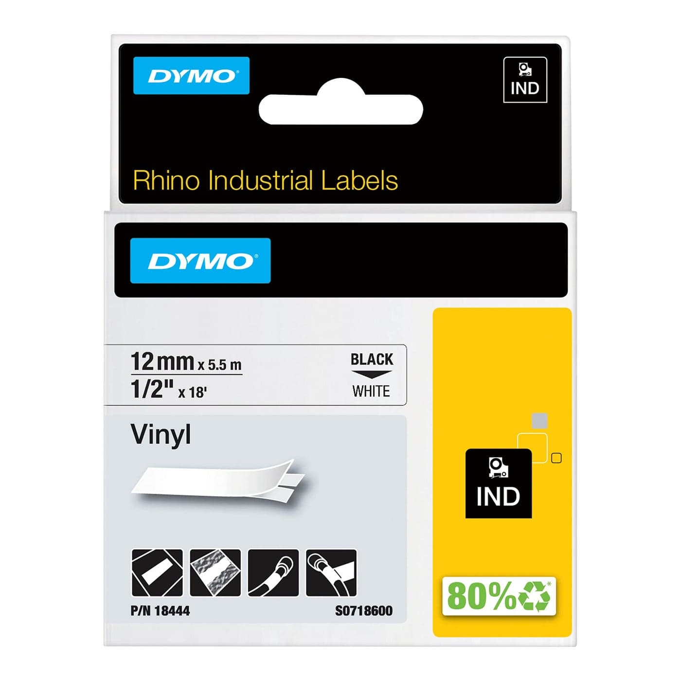 DYMO Rhino Industrial Vinyl Labels, 1/2", Black Print on White Tape