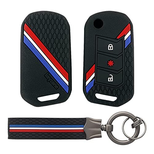 Keyzone® Striped Silicone Key Cover and Keychain Compatible for Mahindra Thar Roxx, Xuv 3XO, Scorpio-N, Xuv700, Thar,Xuv400, Xuv300, Bolero NEO, Marazzo, 3 Button Flip(Black with Black Striped KH)
