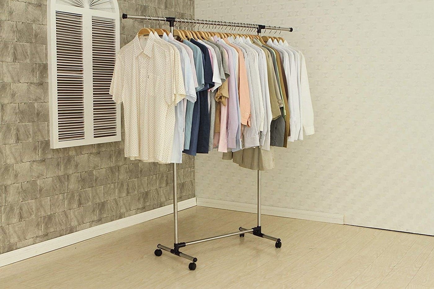 RAVIZAA Stainless Steel Single Pole Telescopic Movable Portable Adjustable Clothes Garment Hanging Rack Stand with Wheels1
