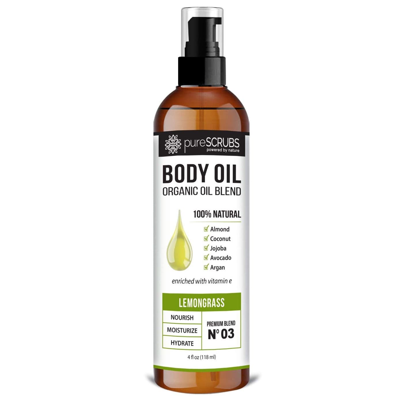 pureSCRUBS Ultra Moisturizing Lemongrass Body Oil Spray for Dry Skin Massage More Organic Super Blend of Jojoba Argan Coconut Sweet Almond Avocado Oils Enriched with Vitamin E Lg 4oz