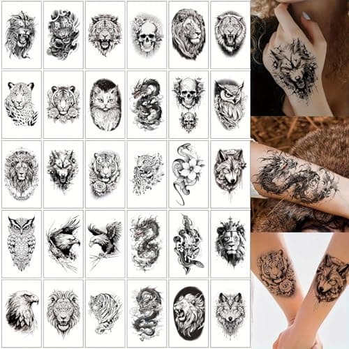 S.A.V.I 30 Pcs Black Temporary Tattoo Stickers for Men & Women – Waterproof, Safe, Non-Toxic Body Art, Realistic Animal & Skull Designs, 9.7x5.7 cm, Long Lasting Arm/Chest/Back Tattoos (10)