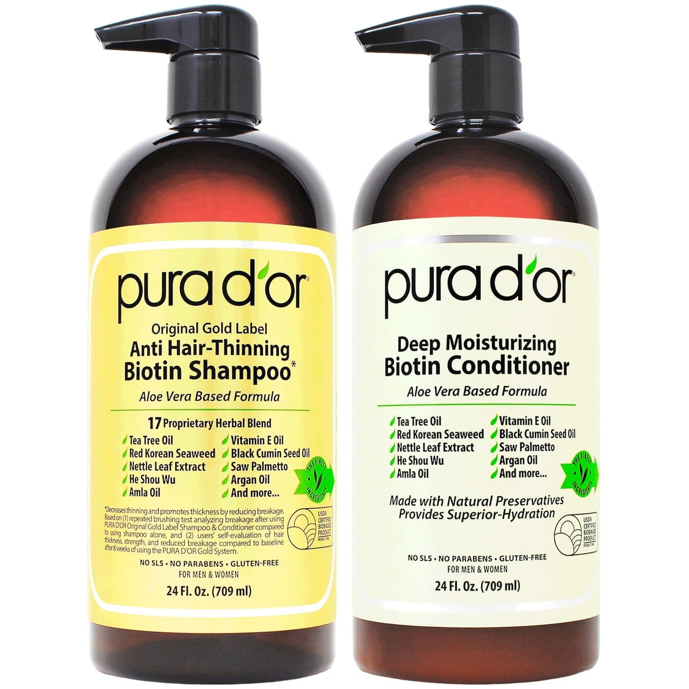 PURA DOR AntiThinning Biotin Shampoo Deep Moisturizing Conditioner Original Gold Label Set 24oz x2 Natural Earthy Scent CLINICALLY TESTED Effective Results Hair Thickening Product Women Men