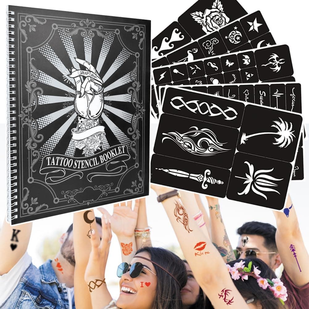 Tiebeauty 20 Sheets Glitter Tattoo Kit 467 Pcs Henna Tattoo Stencils Airbrush Temporary Tattoos Templates for Girls and Boys Body Art Suitable as Gift for FamilyFriends Black