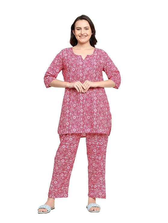 KBNBJ Cotton Printed Co Ord Set - Night Dress & Pajama Set for Women (XX-Large, Red)