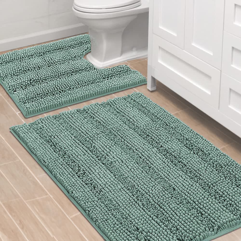 HVERSAILTEX Bathroom Rugs Bath Rug Set 2 Piece Bathroom Contour Rug Toilet Mat Sets Non Slip Contour Bath Rug Ultra Thick Water Absorbent Striped Bath Mats36 x 24 Plus 20 x 24 U Eggshell Blue