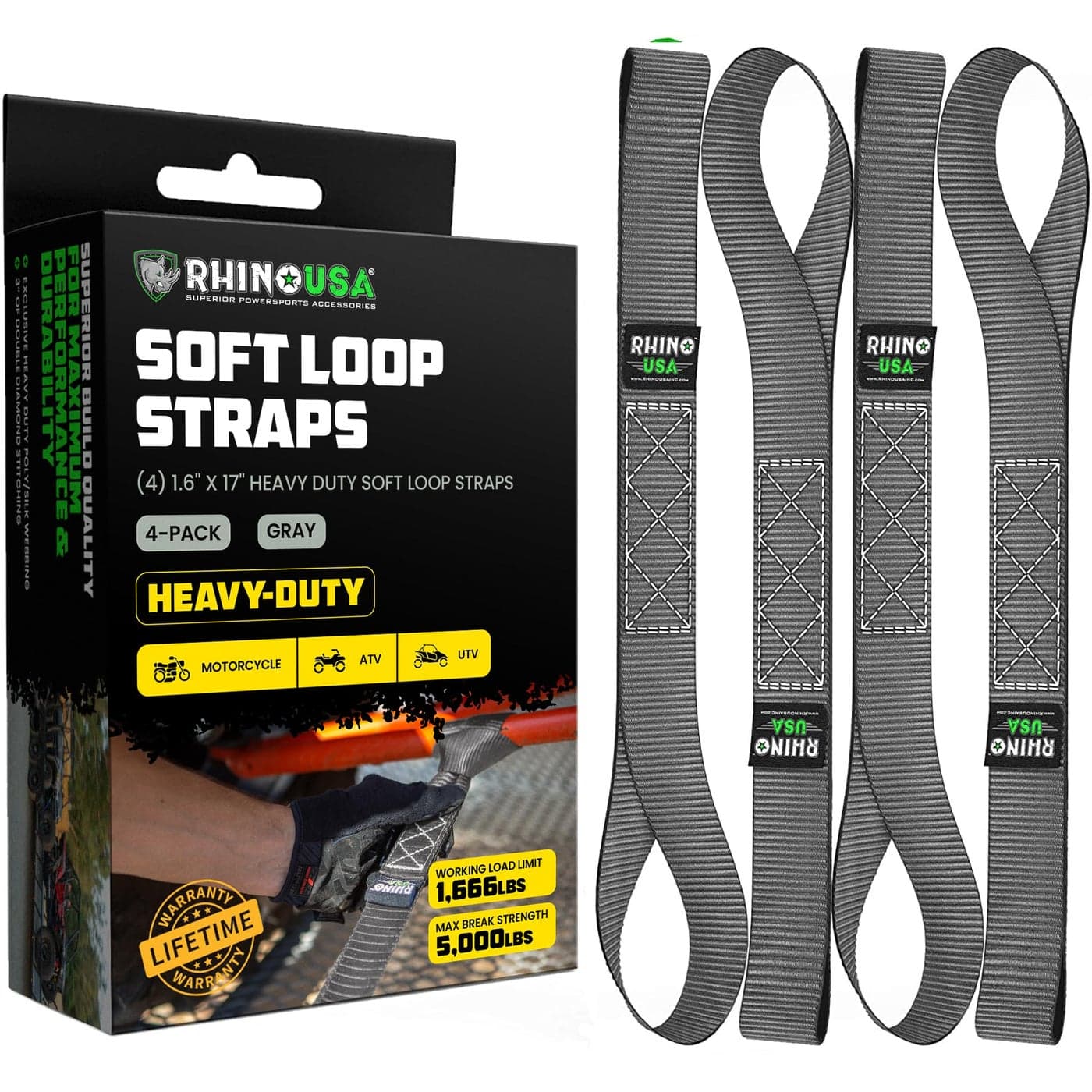 Rhino USA Soft Loop Tie Down Straps 4Pack 16 Inch x 17 Inch 5000 lbs Break Strength Heavy Duty Motorcycle Handlebar Straps for use with Ratchets for ATV UTV Dirt Bike Gray