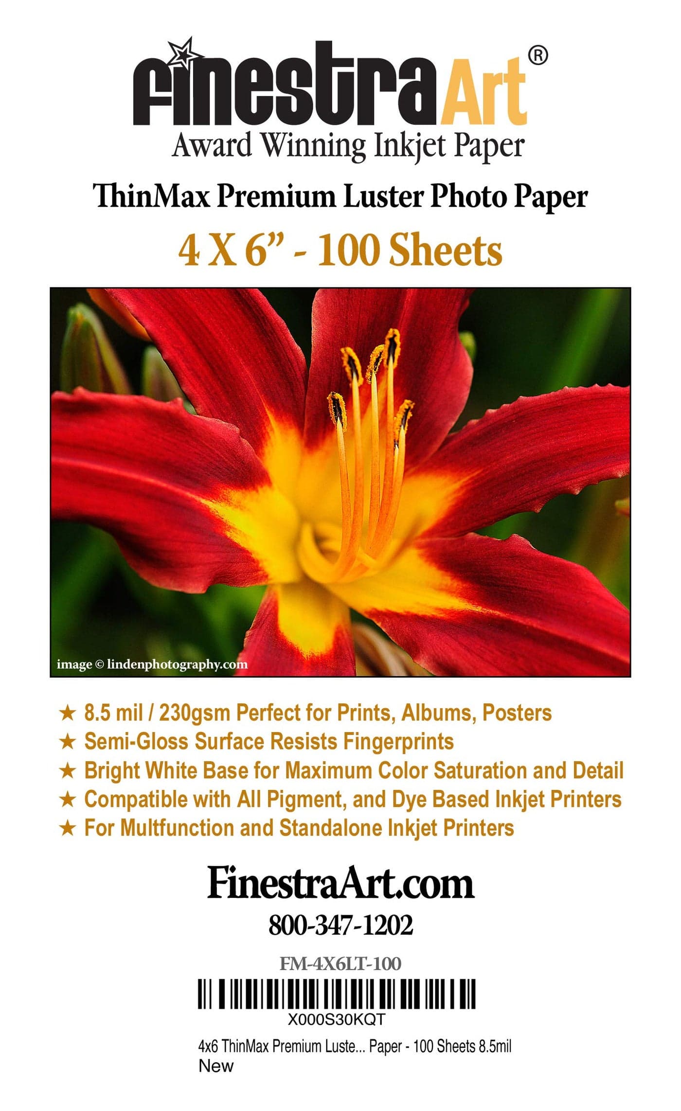 4 X 6 ThinMax Premium Luster Inkjet Photo Paper 100 Sheets