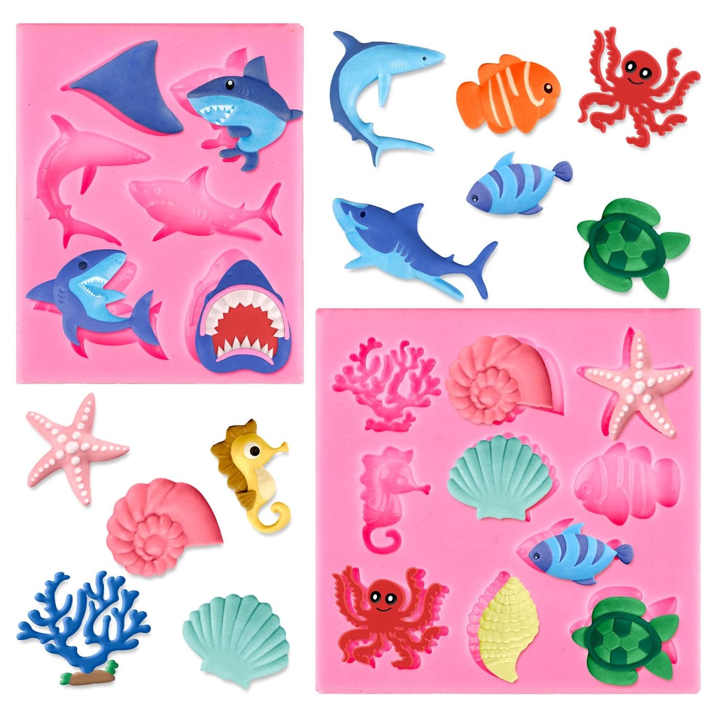 Whaline 2 Pack Ocean Shark Fondant Mold Mini Silicone Sea Animal Mould Shell Starfish Octopus Turtle Chocolate Candy Mold for Cupcake Cake Topper Decoration Supplies Soap Resin Summer Theme Party