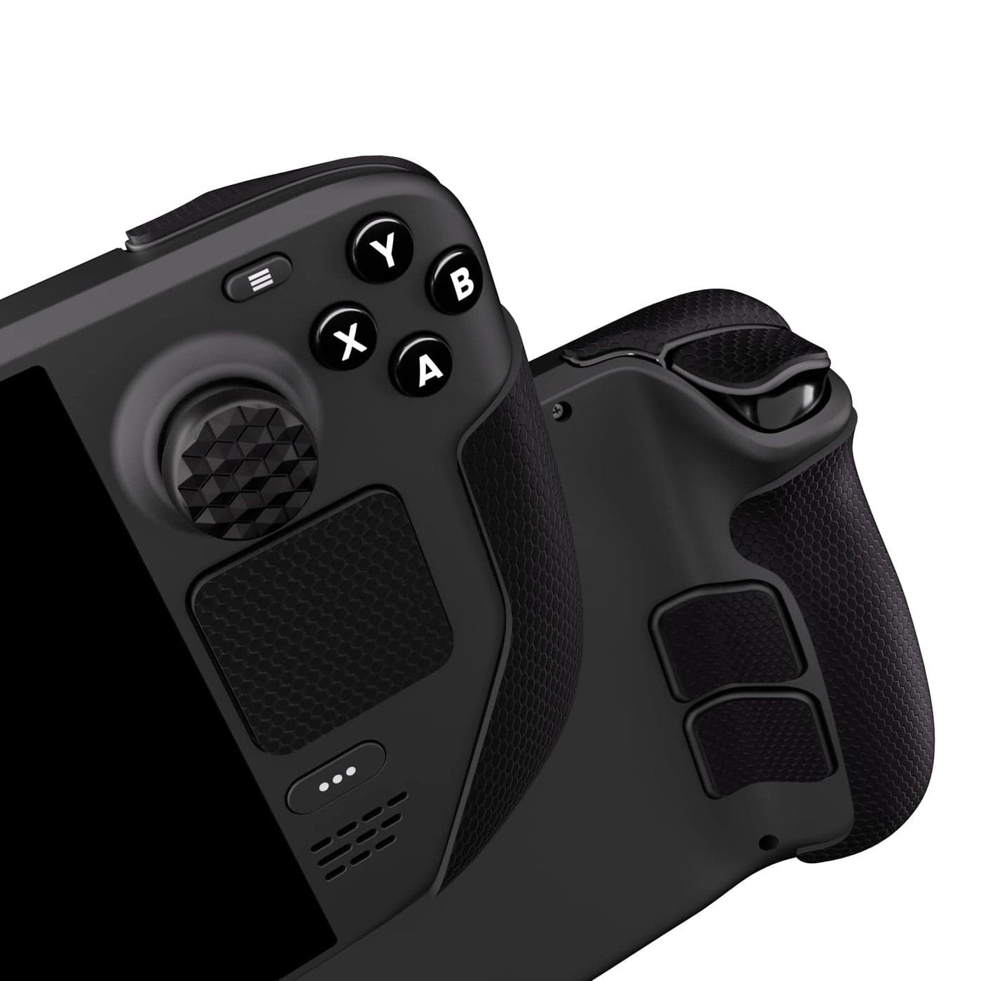 PlayVital Professional Textured Soft Rubber Pads Handle Grips for Steam Deck LCD OLED Trackpads Skin Grip Enhancement Back Button Protective Stickers Set with Thumb Caps Honeycomb Textured Black
