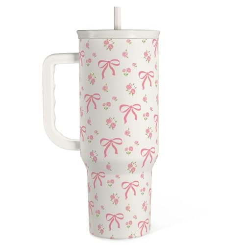 SANDJEST Bow Tumbler with Handle 40oz, Stainless Steel Insulated Tumblers Coffee Travel Cup with Slider Straw Lid, Gifts for Women Teen Girls Birthday
