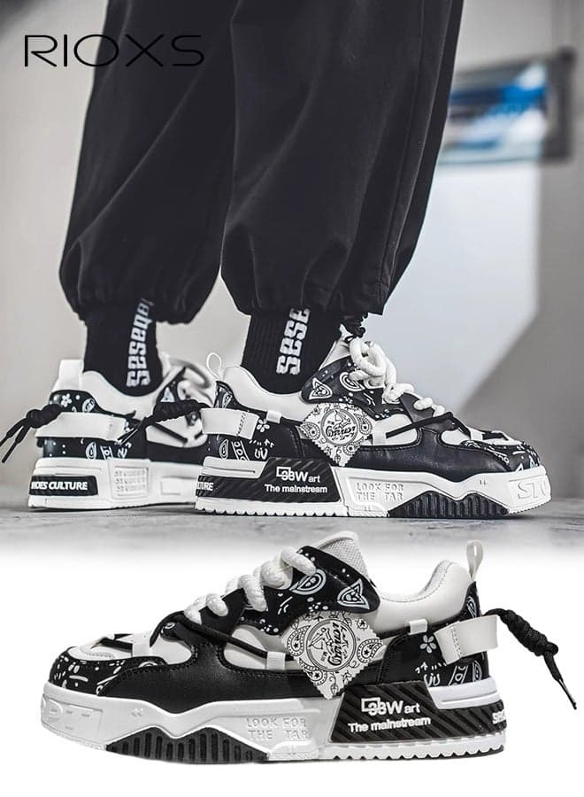 Low Top Sneaker for Men, Fashion Lace-Up Sneakers, Men's Thick-Soled Skateboarding Shoes, Trendy Tennis Shoes for Men, Comfort Non-Slip Walking Shoes, Casual Athlesiure Shoes for Male, Mens Streetwear Sneakers, Platform Chunky Sneakers, Black Footwear