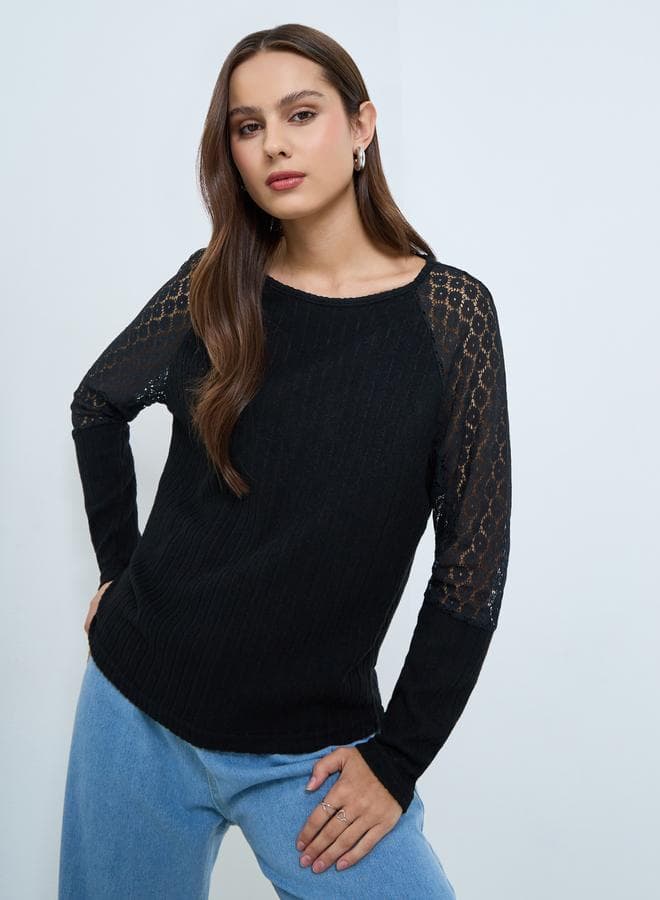 Black Lace Sleeve Ribbed Top