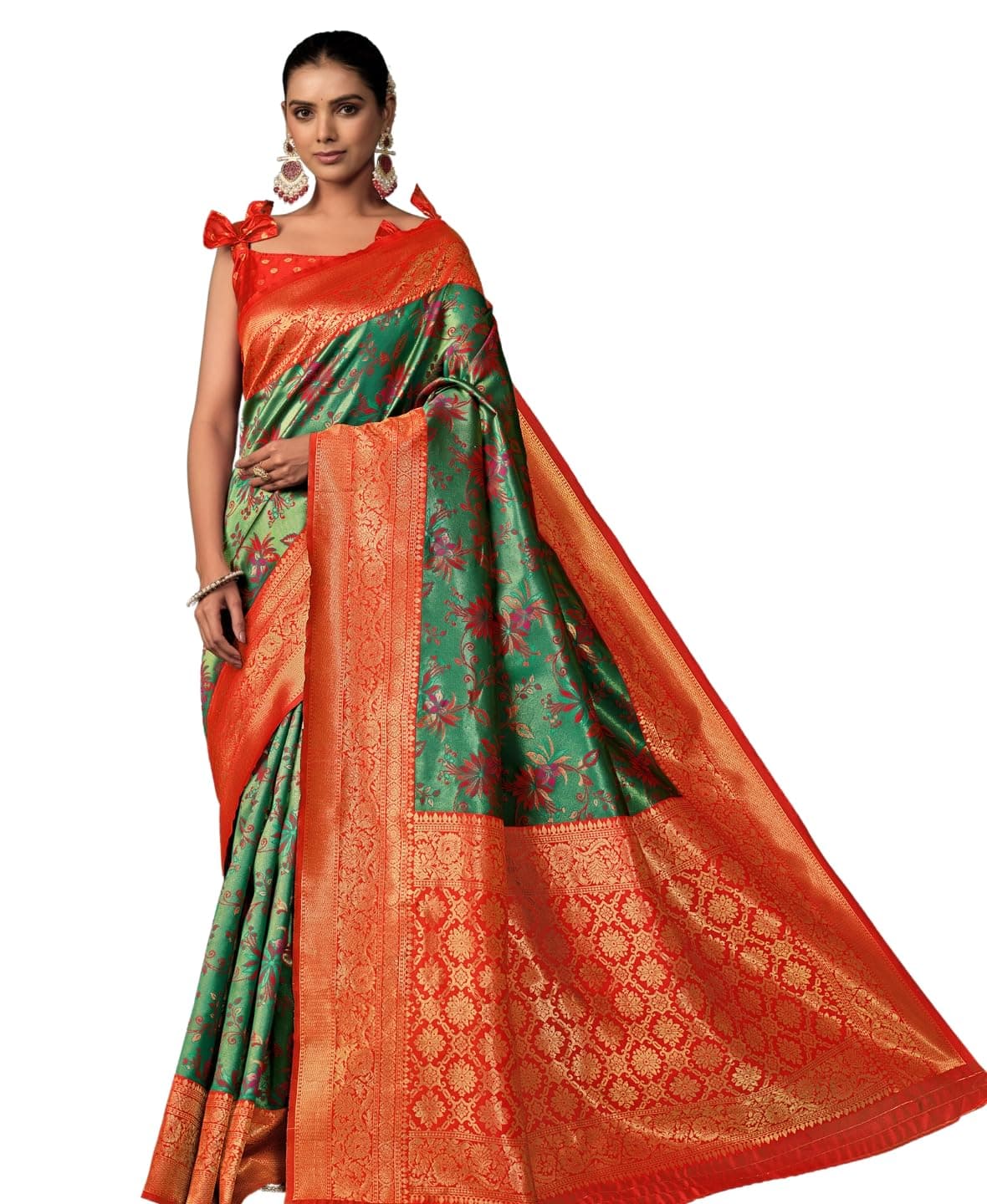 EthnicJunction Women's Silk Blend Green floral Woven Saree With Blouse Piece