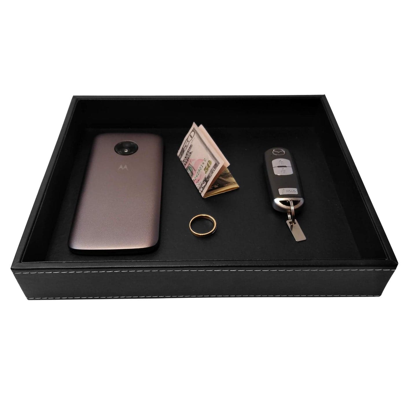 ULTRAY Valet Tray Desk Tray Key Bowl Nightstand Organizer for Men Black PU Leather 103 x 83 x 16 inches