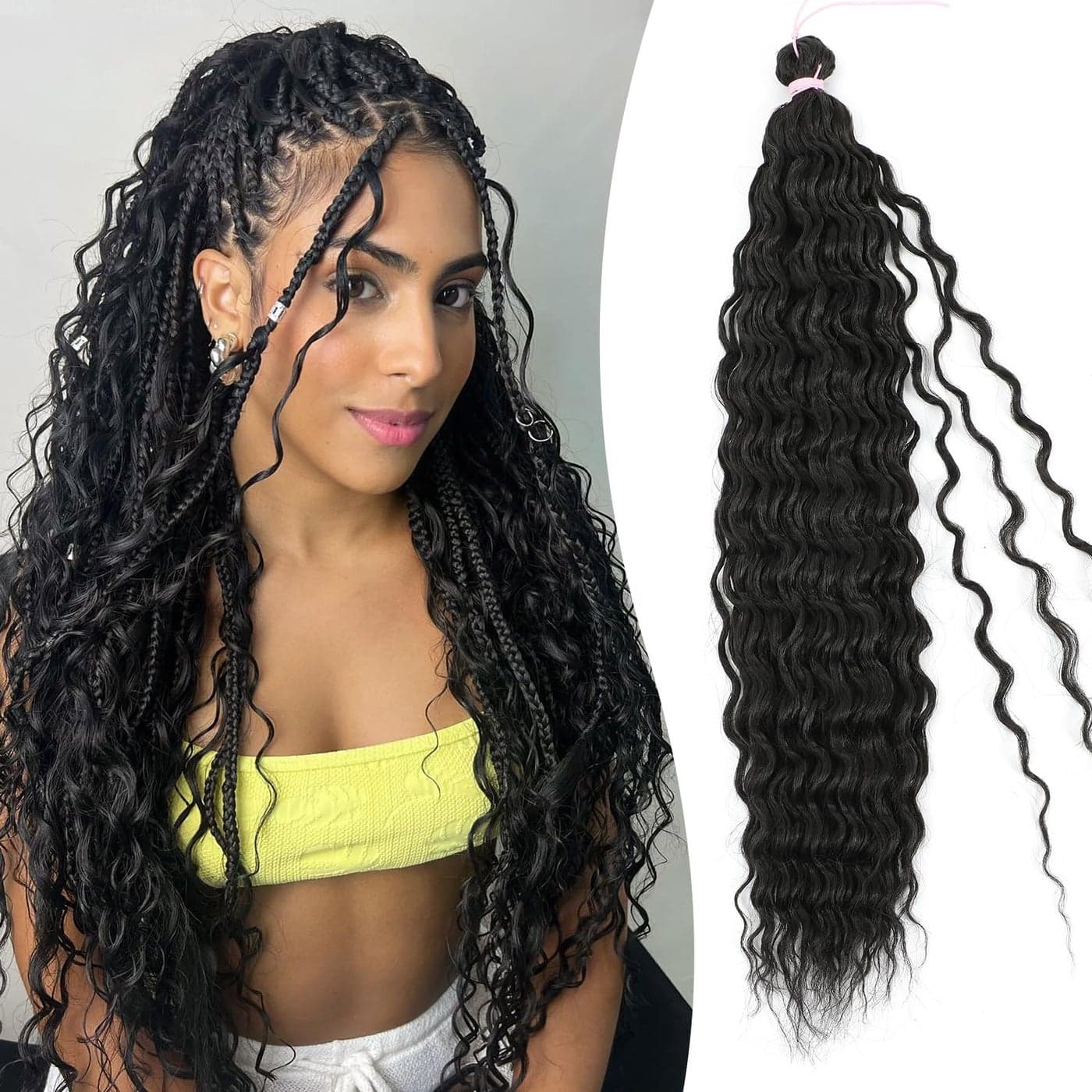 HUA Human Braiding Hair for Boho Braids 20 Inch Deep Wave Bulk Human Hair Mix Synthetic for Braiding Long Curly Braiding Hair Bulk for Boho Braids 1 Bundle 100g Boho Hair for Braiding Crochet Hair