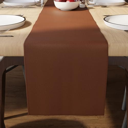 Encasa XO Faux Leather Table Runner | Size 30x183 cm with 0.7mm Thick | Tan | Waterproof & Nonslip Tricot Backing | for Dining & Kitchen Table Decor