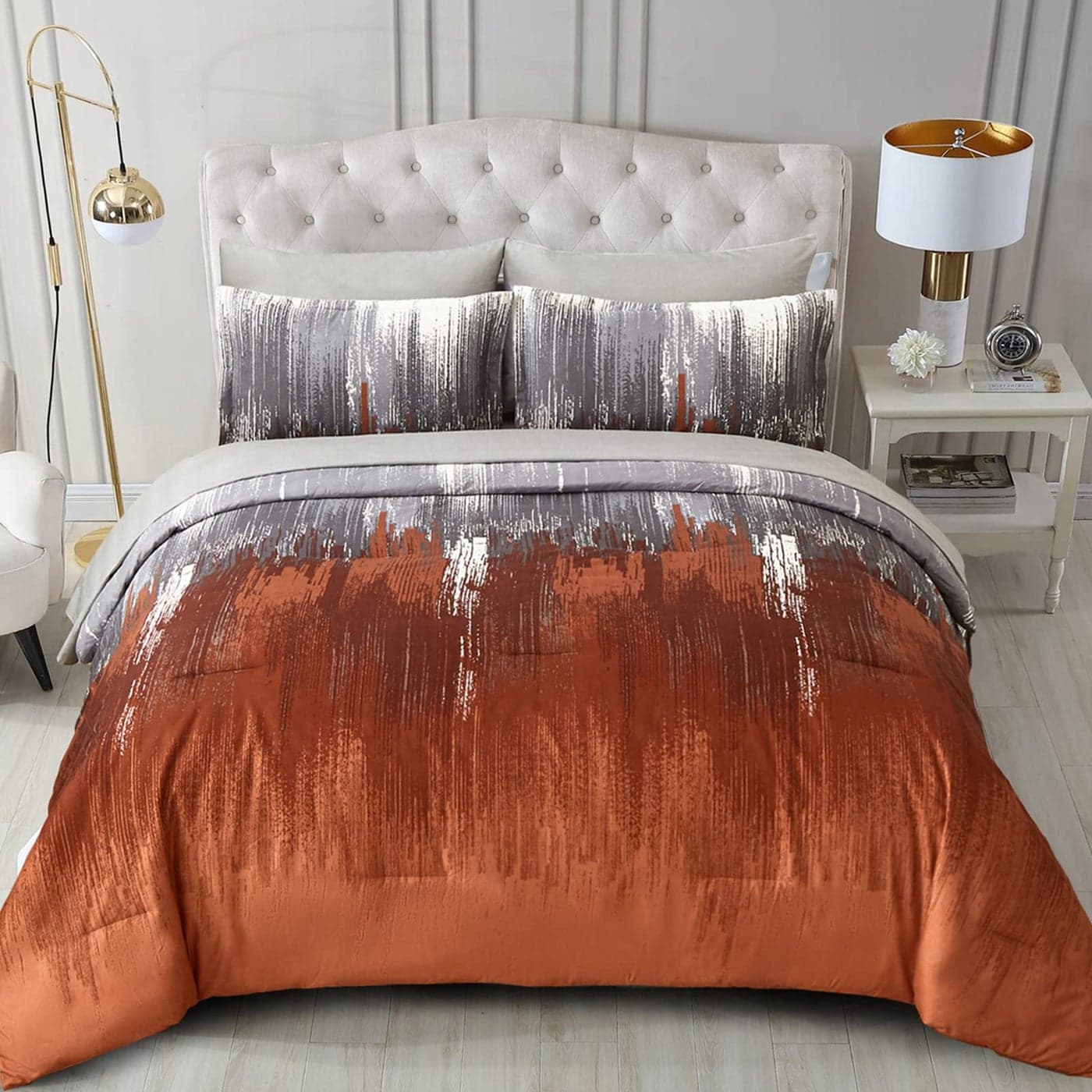 WONGS BEDDING Comforter Set King Thanksgiving Burnt Orange 7 Pieces Bed in a Bag Abstract Gradient Soft Microfiber Fall Terracotta Bedding Set with Flat Sheet Fitted Sheet Pillow Shams Pillowcases