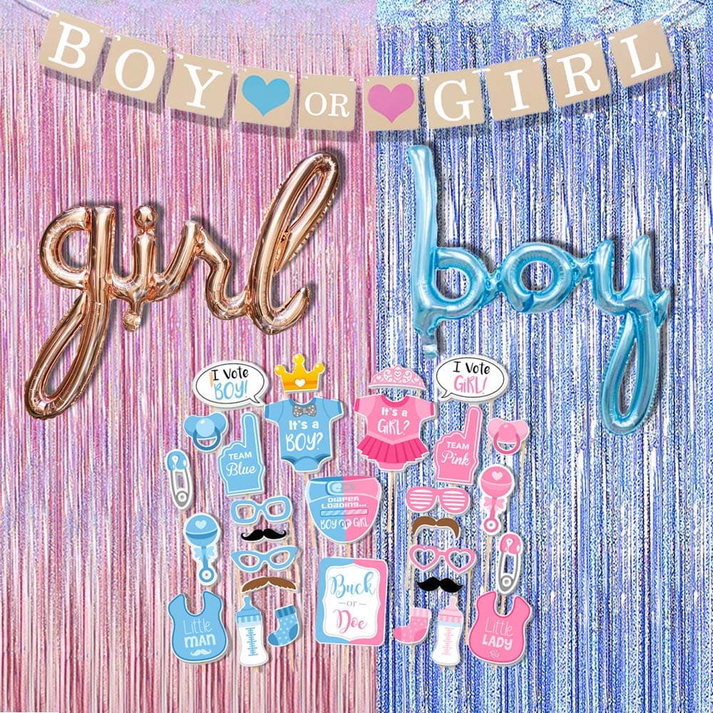 Baby Shower Photo Booth Props Gender Reveal Backdrop Baby Gender Reveal Party Supplies Boy or Girl Banner Boy Girl Foil Balloons for Party Decorations
