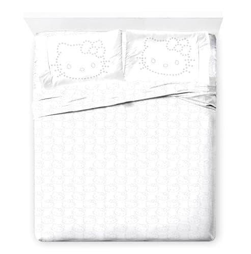 Jay Franco Sheet Set with Fitted Flat Sheets Pillow Cover UltraSoft Bedding with Pillowcase for Room Decor White Hello Kitty 4 Piece Queen
