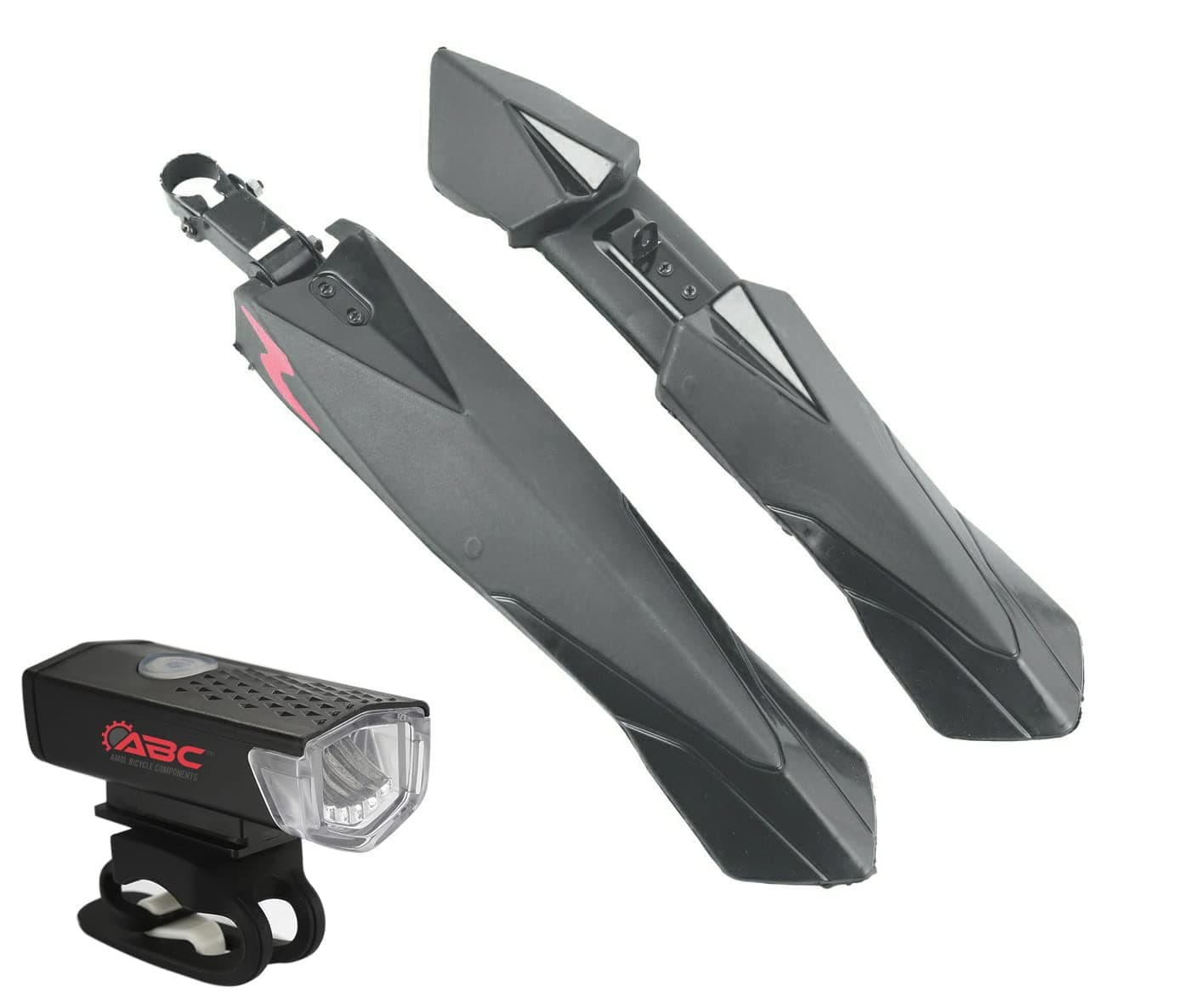 ABC AMOL BICYCLE COMPONENTS Bicycle Front & Rear Double Colour Mudguard with Iron Fitting + 1 Cycle Waterproof USB Rechargeable Black Headlight (Black)