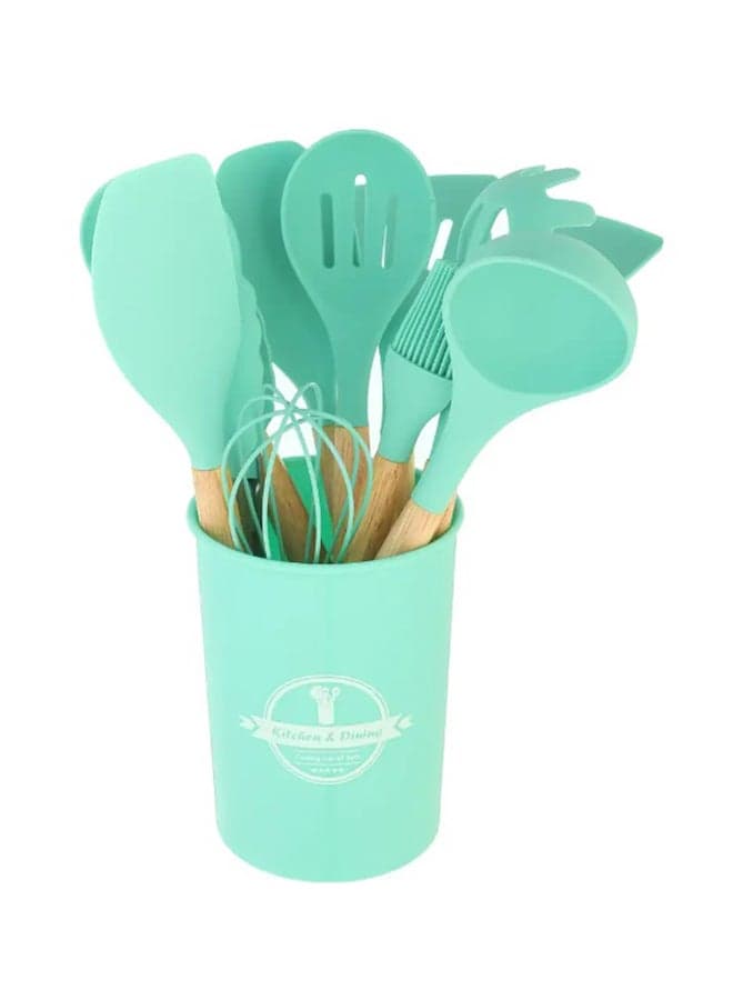 12 Piece Barreled Cooking Utensils Set With Wooden Handle Mint Green