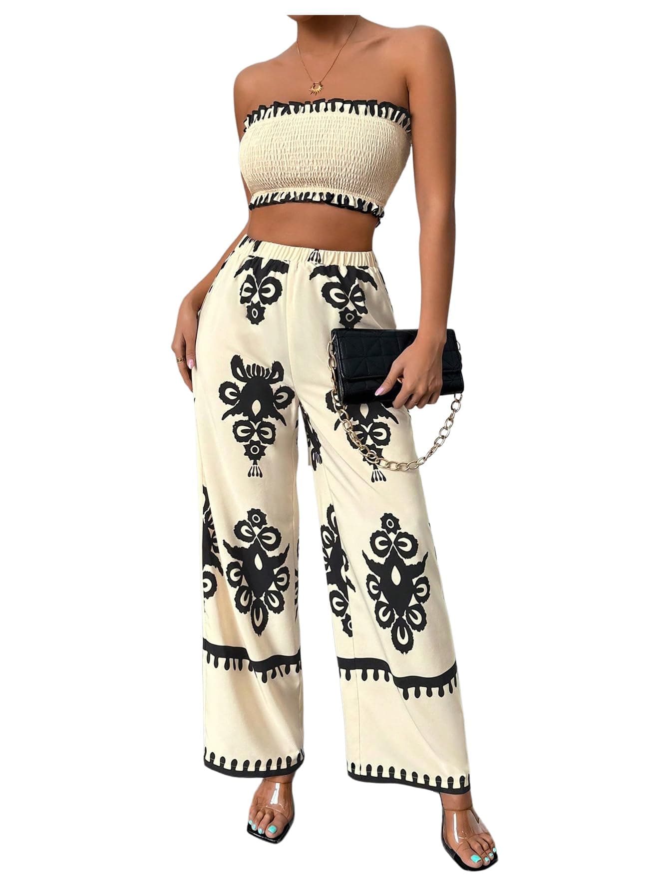 WDIRARA Women's 2 Piece Boho Strapless Smocked Crop Tube Top and Wide Leg Pants Set Summer Outfits Multicolor Small