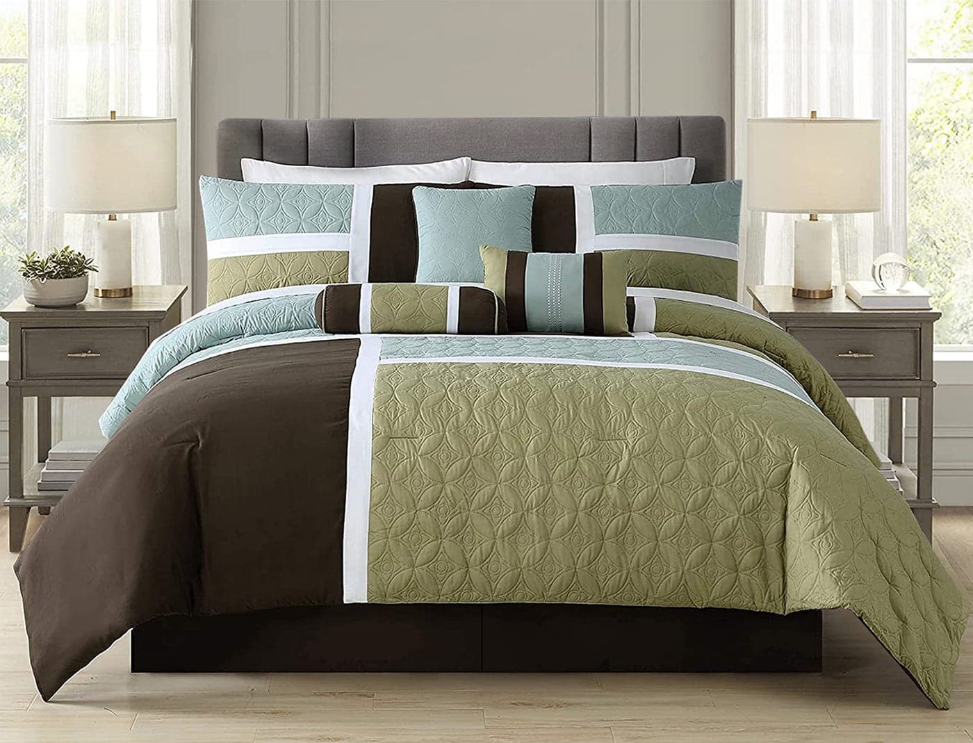 Chezmoi Collection 7Piece Quilted Patchwork Comforter Set Coffee BrownAqua BlueSage Green King