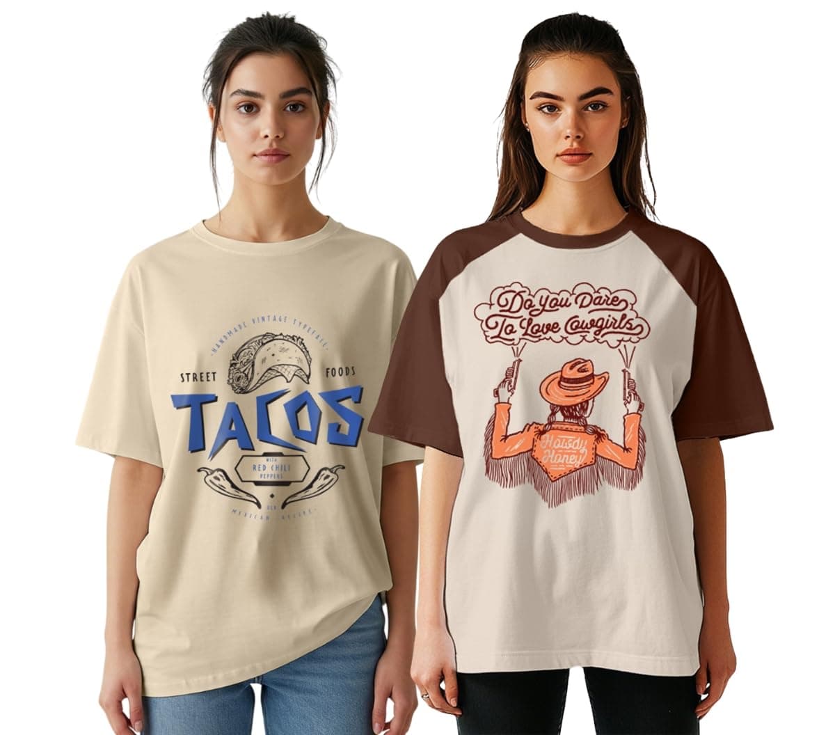 JUNEBERRY® Pack of 2, 100% Pure Cotton, Round Neck, Oversized, Loose, Baggy Fit, Drop Shoulder, Graphic Printed, Half Sleeve T-Shirts for Women & Girls, Size XXL, Colours Swan White & BrownSW